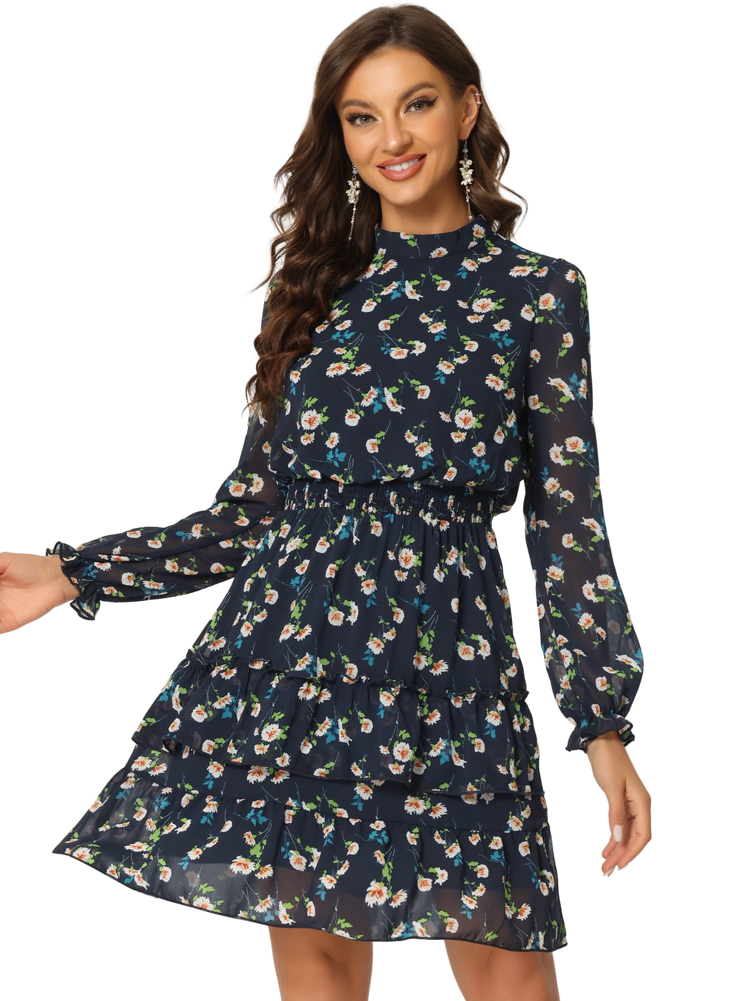 DARING DIVA Sheer Sleeve Floral Chiffon Dress S Deep Blue