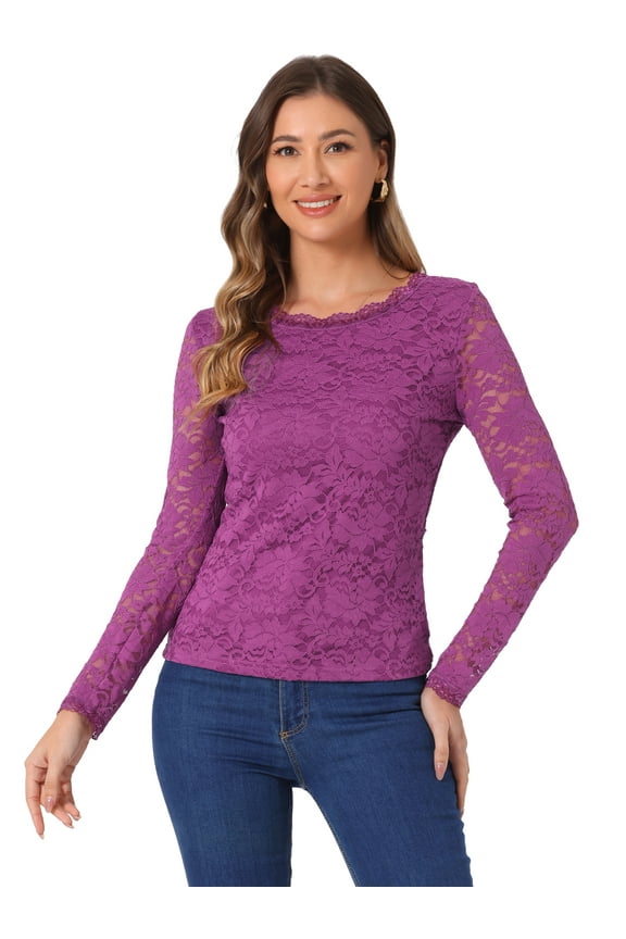 Sheers Flower Embroidery Lace Top L Dark Purple