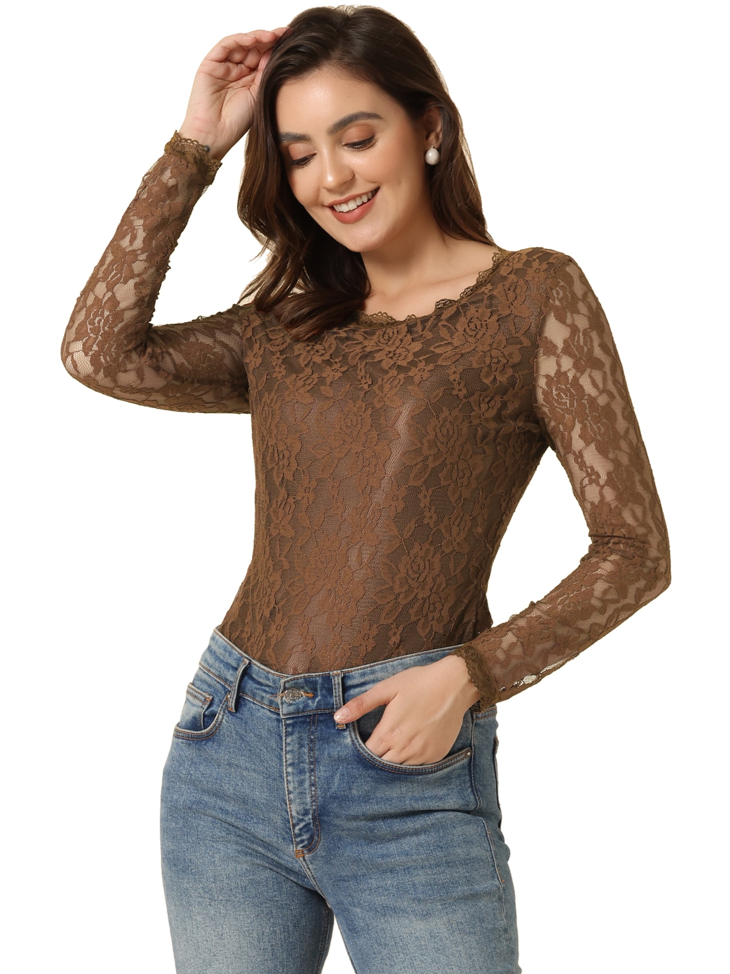 DARING DIVA Sheers Flower Embroidery Lace Top S Brown