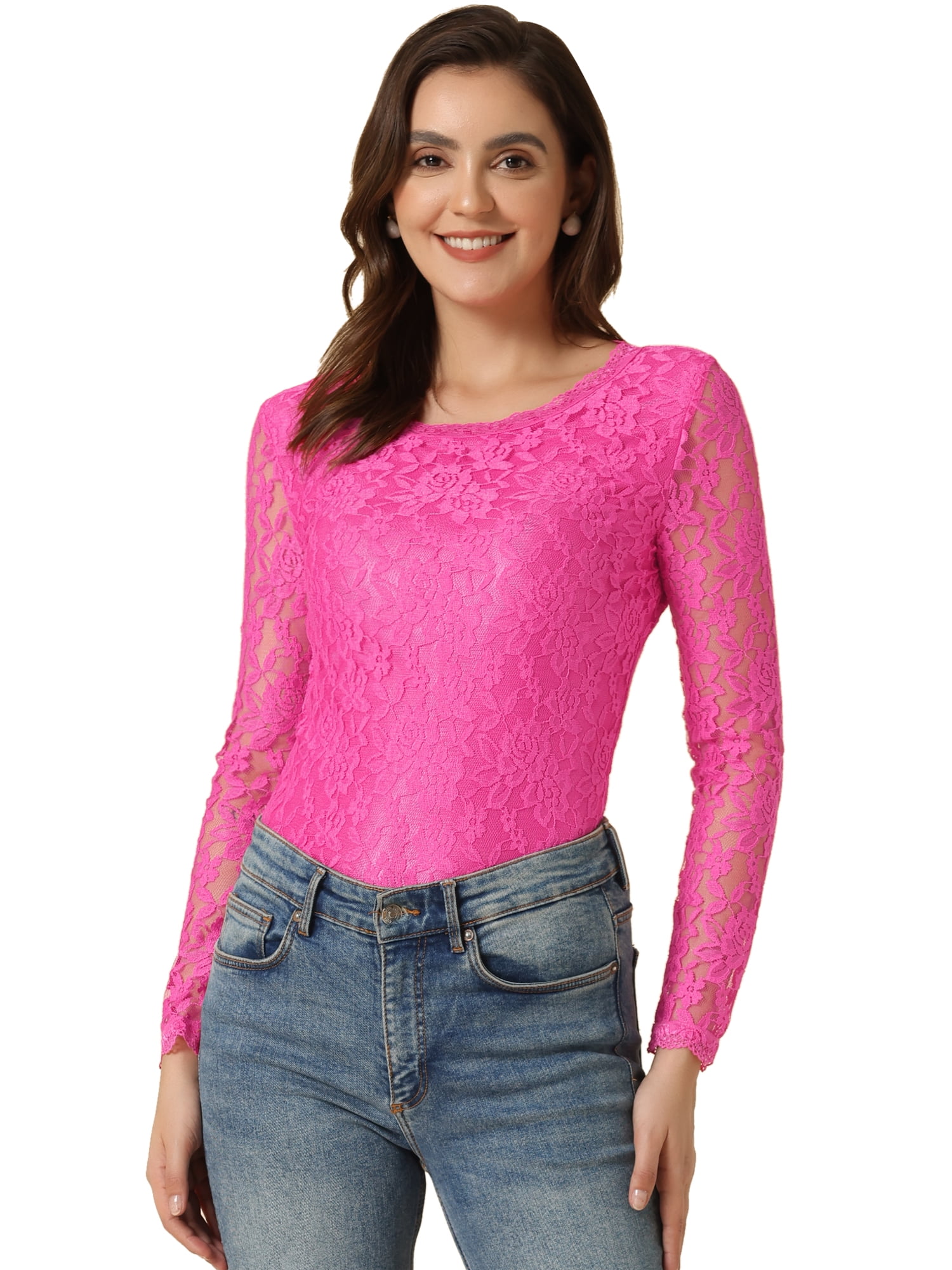 DARING DIVA Sheers Flower Embroidery Lace Top S Hot Pink