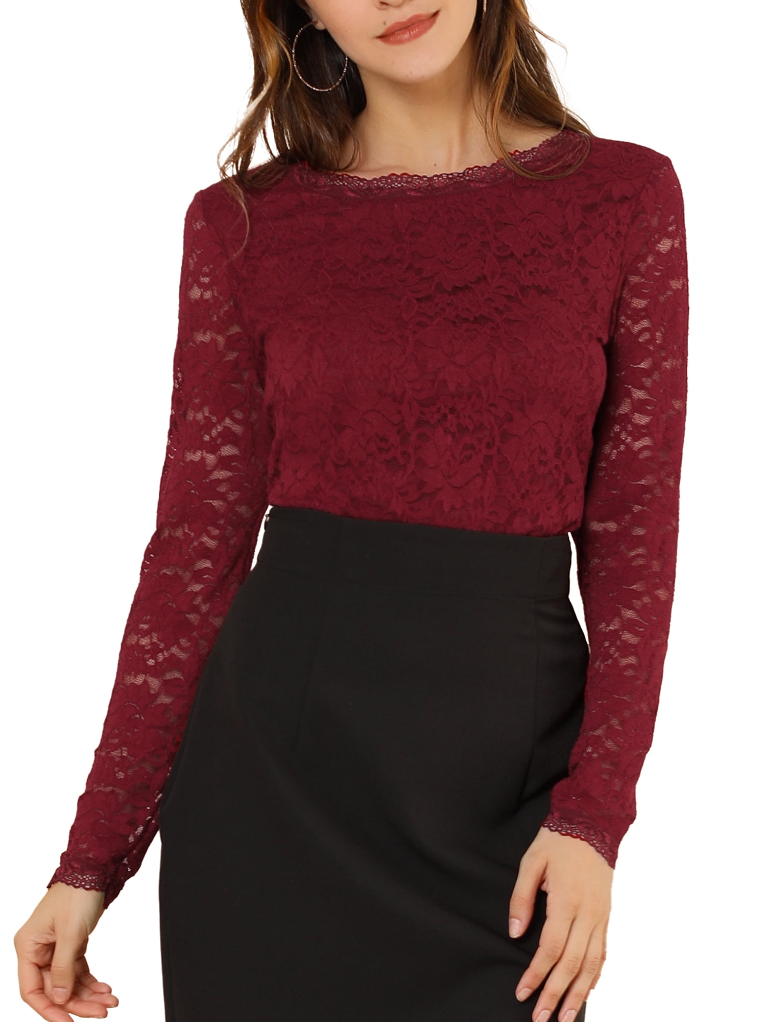 DARING DIVA Sheers Flower Embroidery Lace Top XL Burgundy