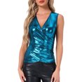 thumbnail image 1 of DARING DIVA Shiny Metallic Tank Top for Women's Sleeveless V Neck Shirt XS Blue, 1 of 5