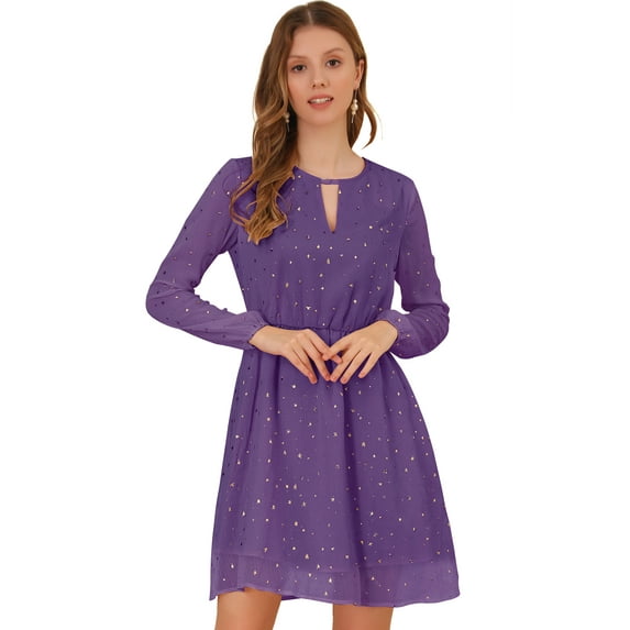 DARING DIVA Shiny Star Choker V Neck Long Sleeve A-Line Dress XS Dark Purple