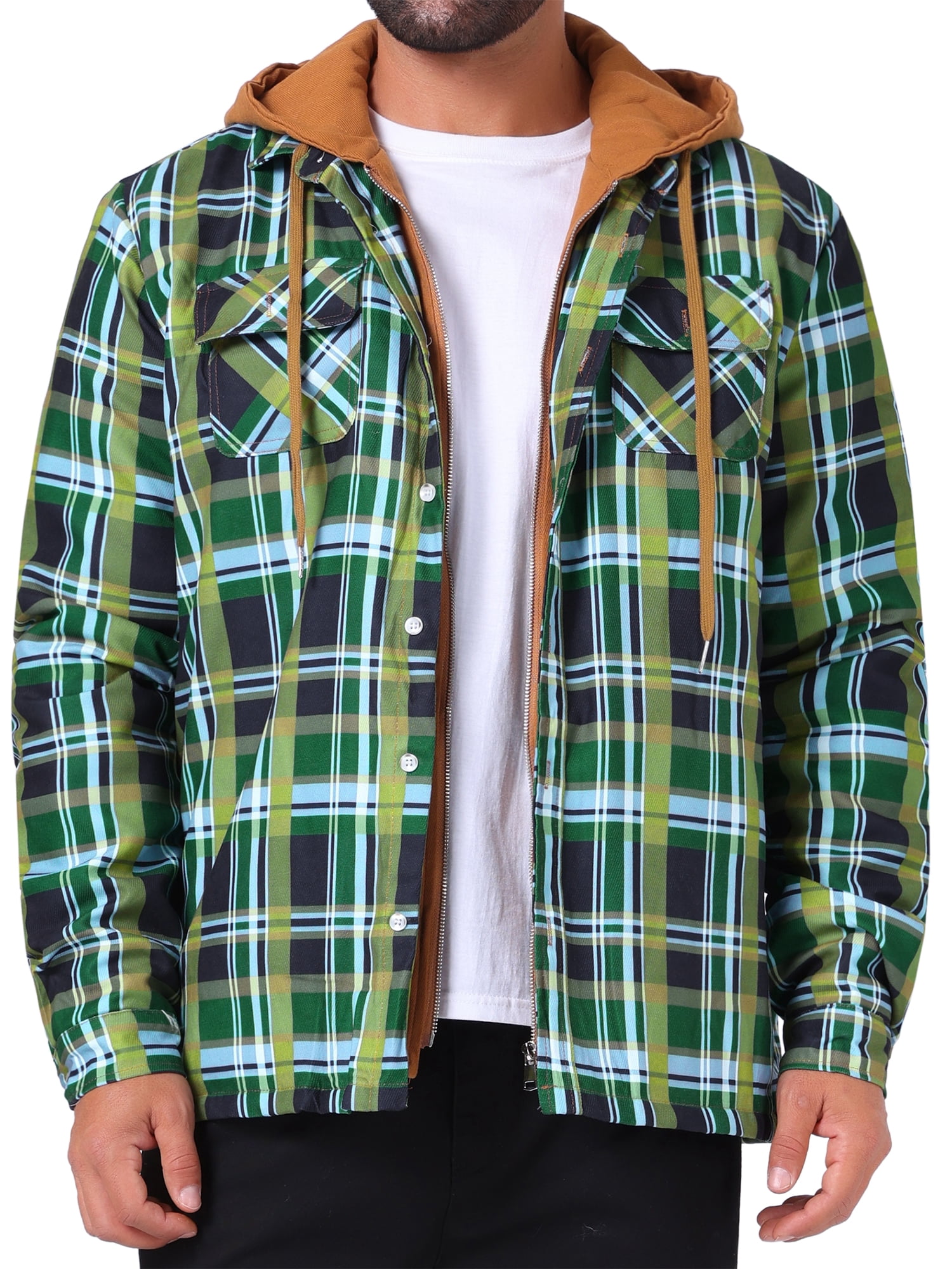 DARING DIVA Shirt Jacket Drawstring Hooded Plaid Shacket L Green Khaki