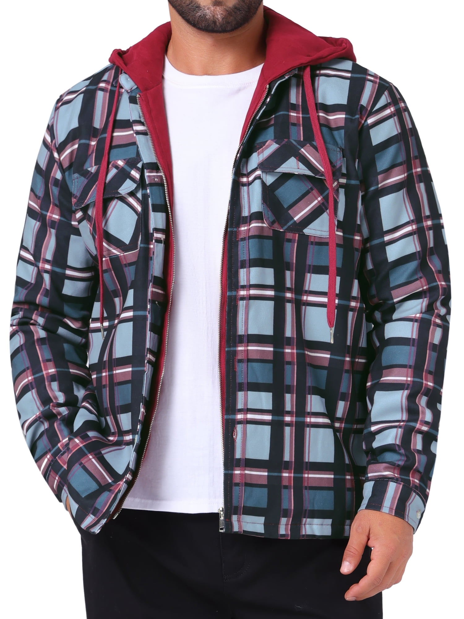 DARING DIVA Shirt Jacket Drawstring Hooded Plaid Shacket L Red Gray