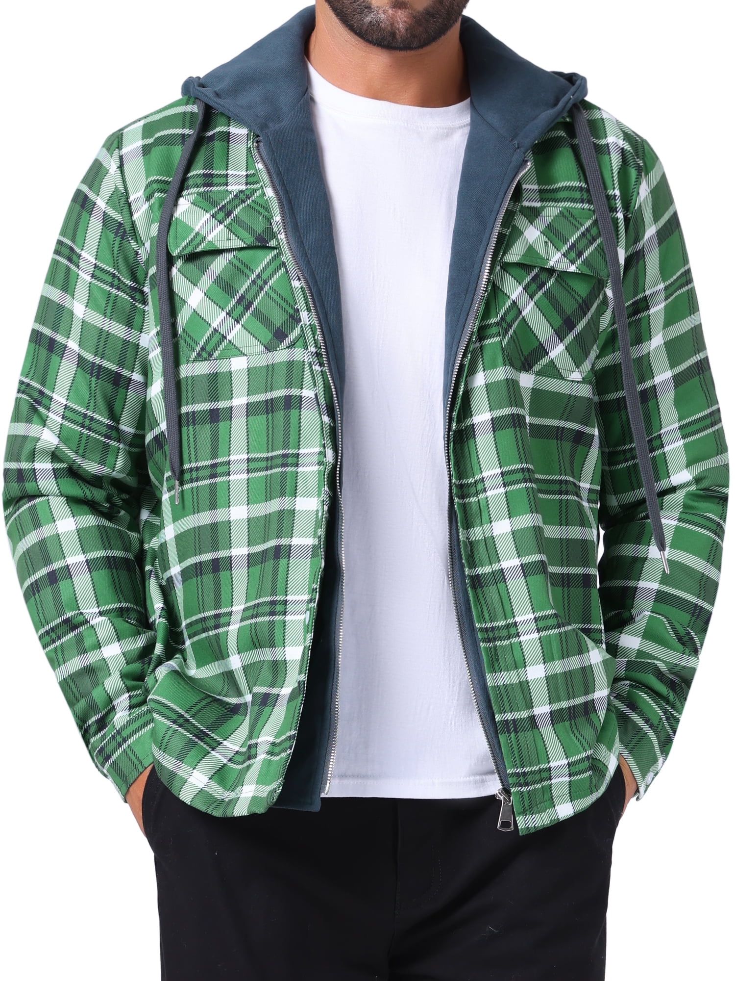 DARING DIVA Shirt Jacket Drawstring Hooded Plaid Shacket M Dark Green