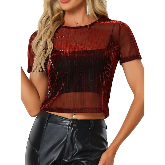 DARING DIVA Shirt Short Sleeve Mesh Metallic Shiny Top S Red