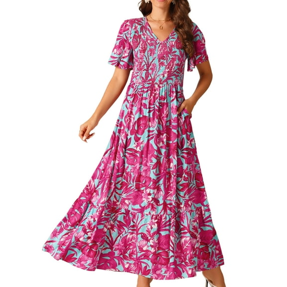 DARING DIVA Short Flutter Sleeve Smocked Flowy Maxi Dres M Hot Pink