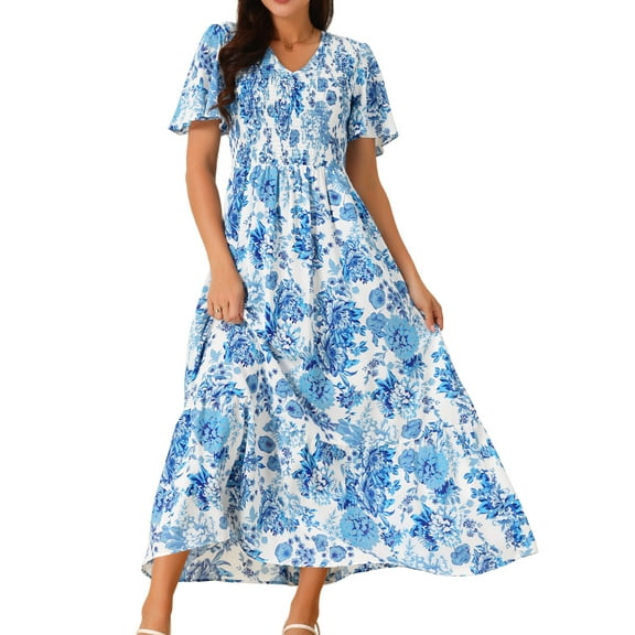 DARING DIVA Short Flutter Sleeve Smocked Flowy Maxi Dres S Blue