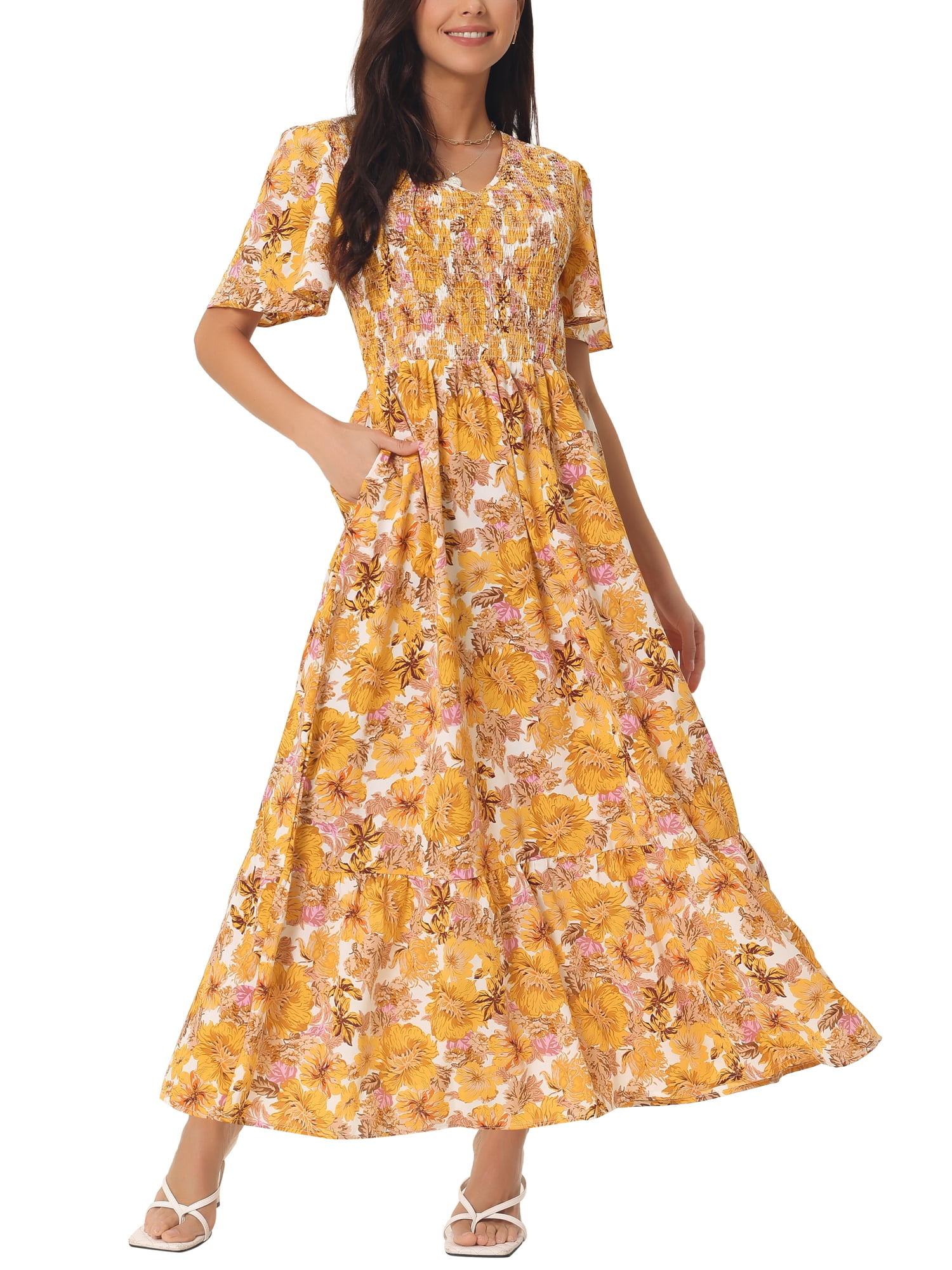 DARING DIVA Short Flutter Sleeve Smocked Flowy Maxi Dres S Yellow