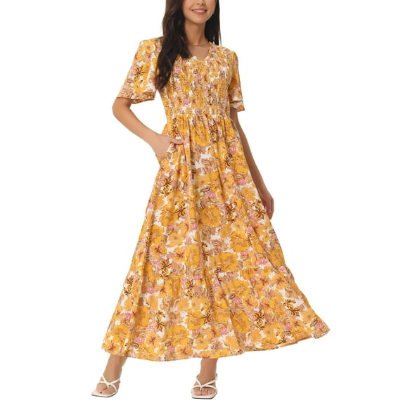 DARING DIVA Short Flutter Sleeve Smocked Flowy Maxi Dres S Yellow