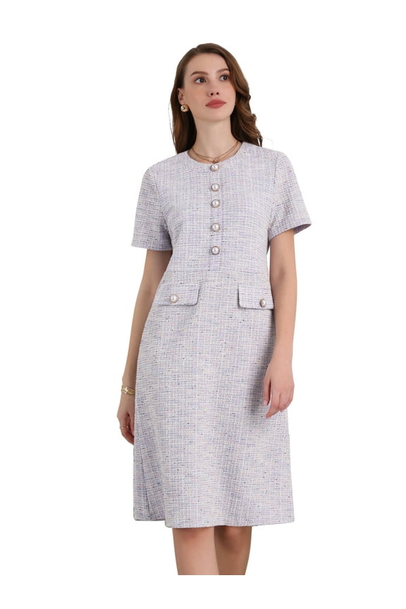 Short Sleeve A-line Button Decor Tweed Dress 2XL Purple