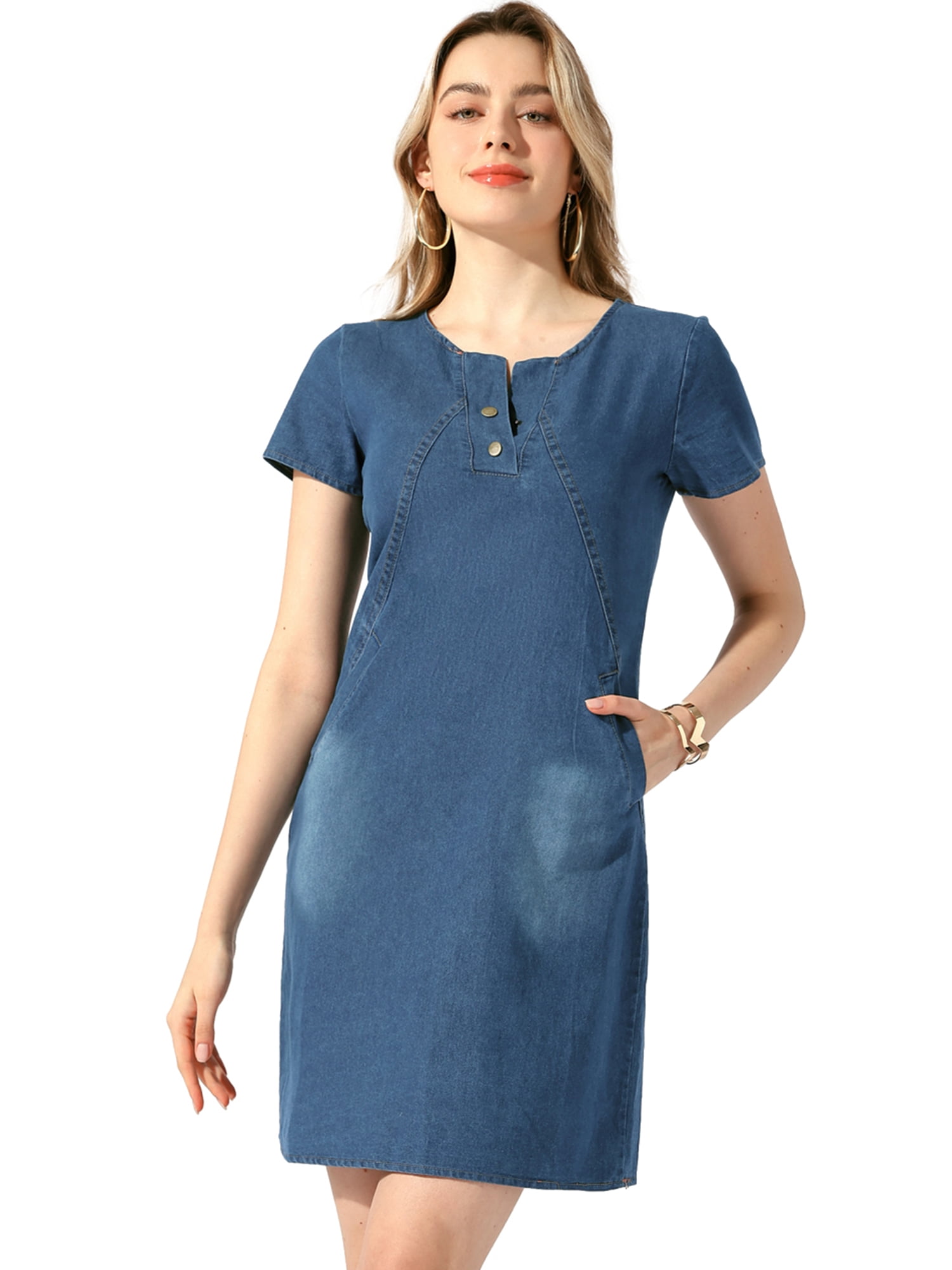 DARING DIVA Short Sleeve Button Down Cotton Jean Dress L Deep Blue