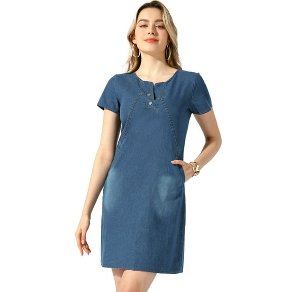 DARING DIVA Short Sleeve Button Down Cotton Jean Dress M Deep Blue