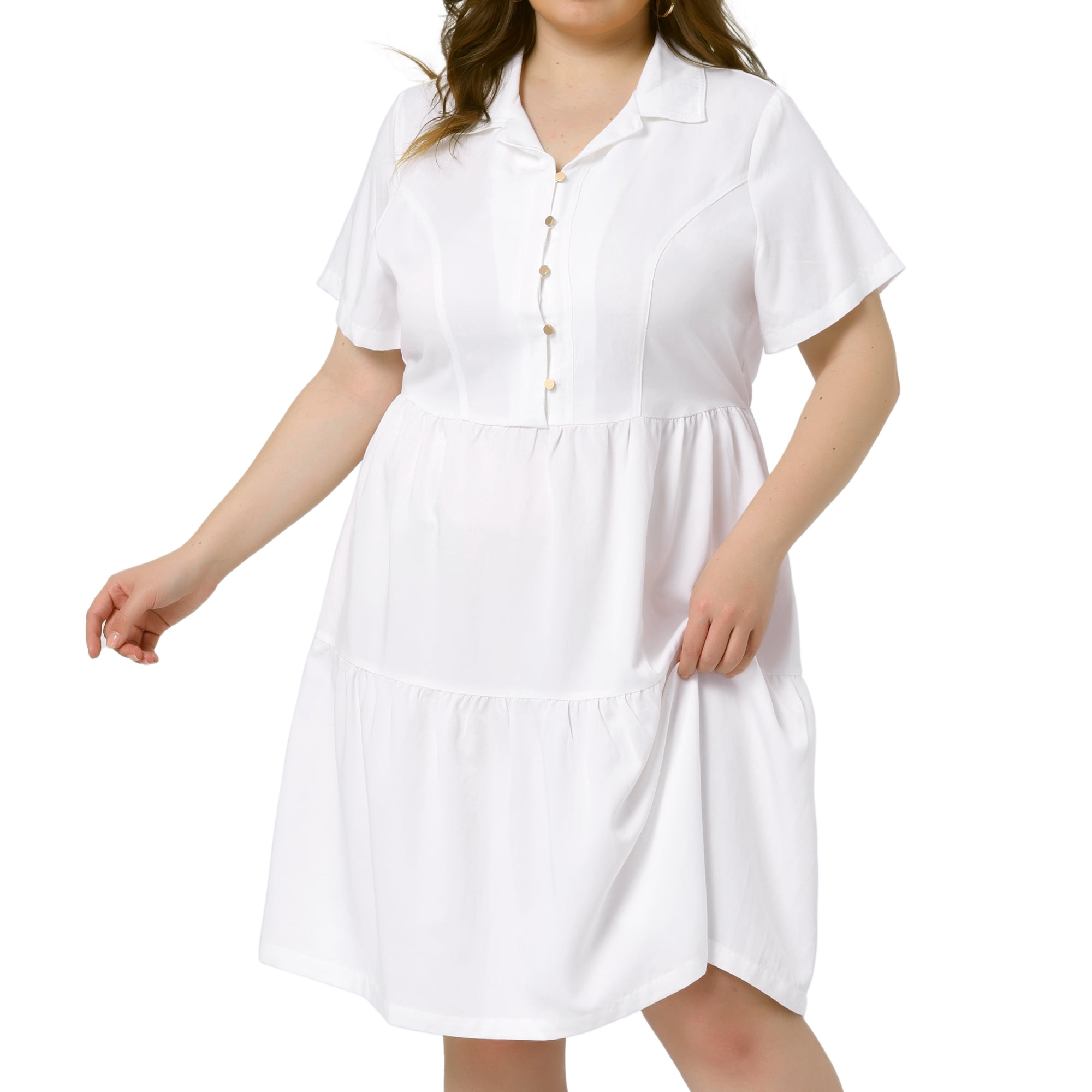 DARING DIVA Short Sleeve Button Down Flowy Tiered Shirt Dress 3X White