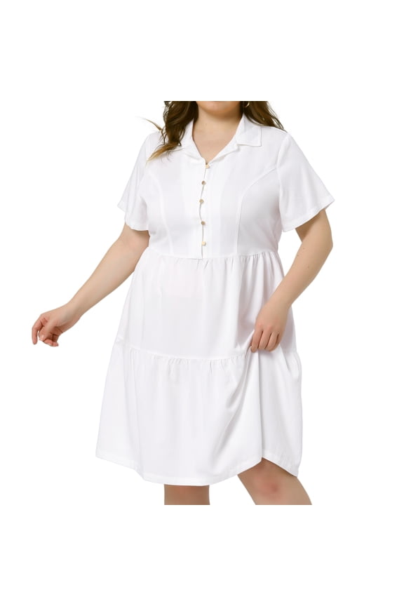 Short Sleeve Button Down Flowy Tiered Shirt Dress 4X White