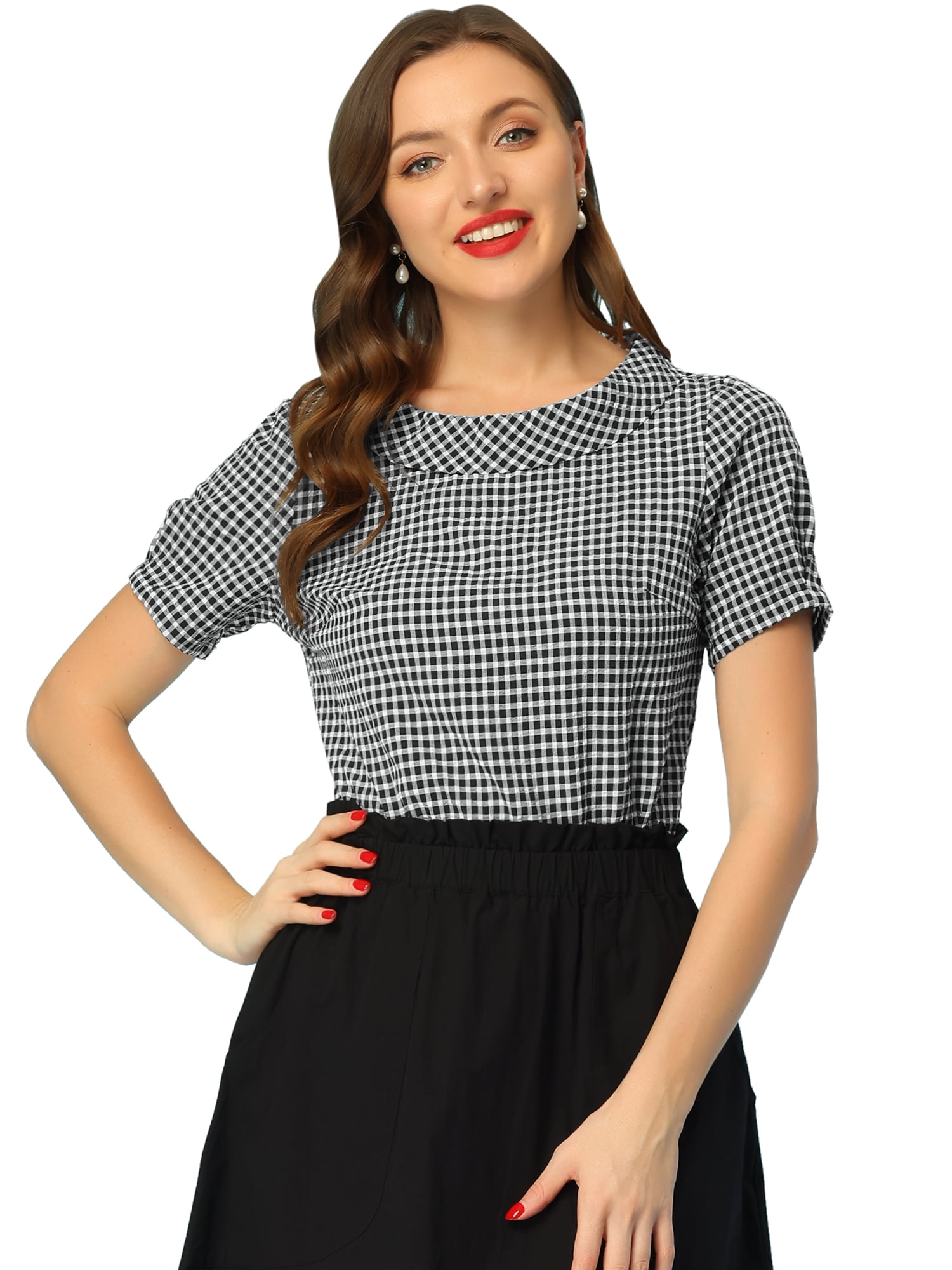 DARING DIVA Short Sleeve Casual Checked Top L Black