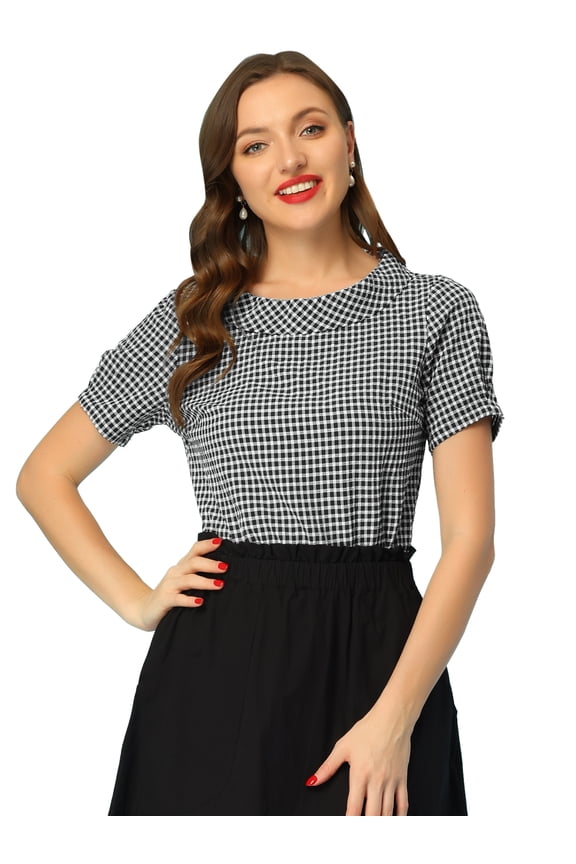 Short Sleeve Casual Checked Top L Black