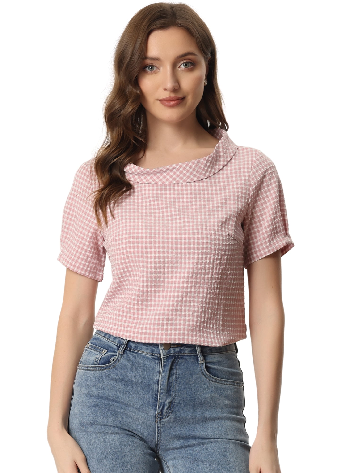 DARING DIVA Short Sleeve Casual Checked Top M Pink