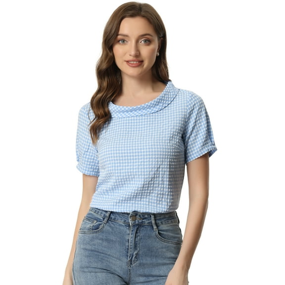 DARING DIVA Short Sleeve Casual Checked Top S Blue