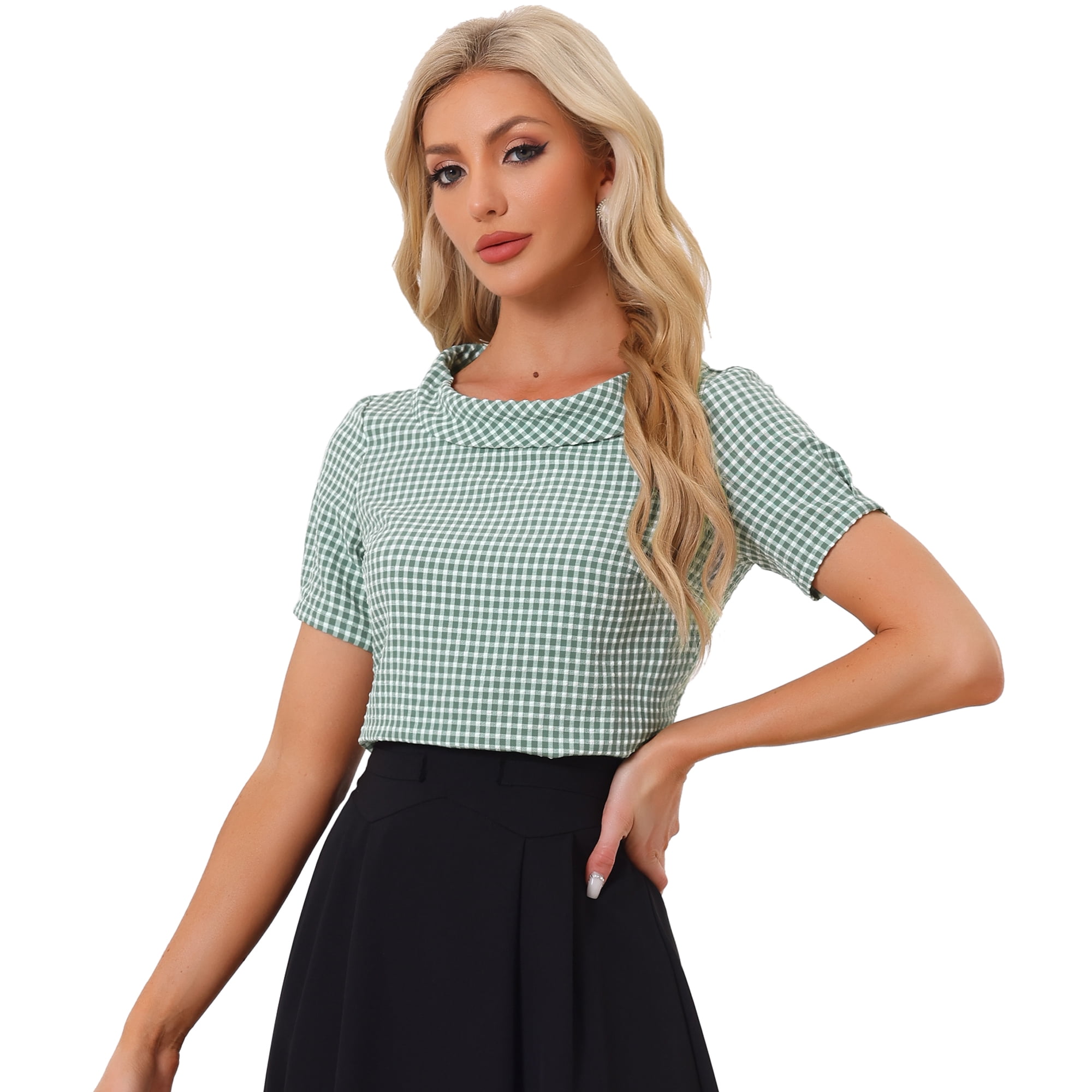DARING DIVA Short Sleeve Casual Checked Top S Dusty Green
