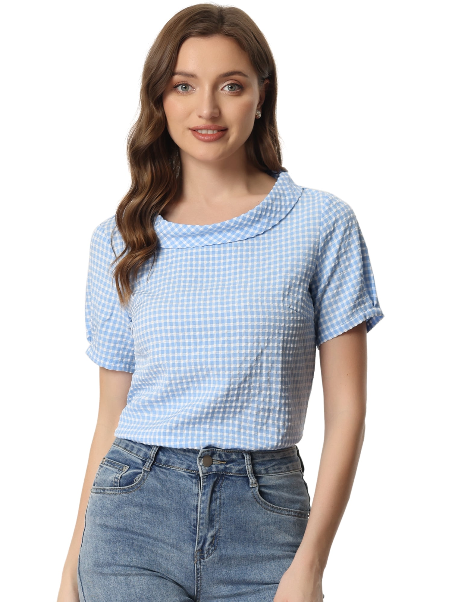 DARING DIVA Short Sleeve Casual Checked Top XL Blue