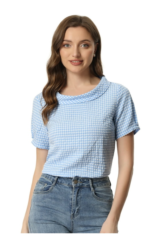 Short Sleeve Casual Checked Top XL Blue