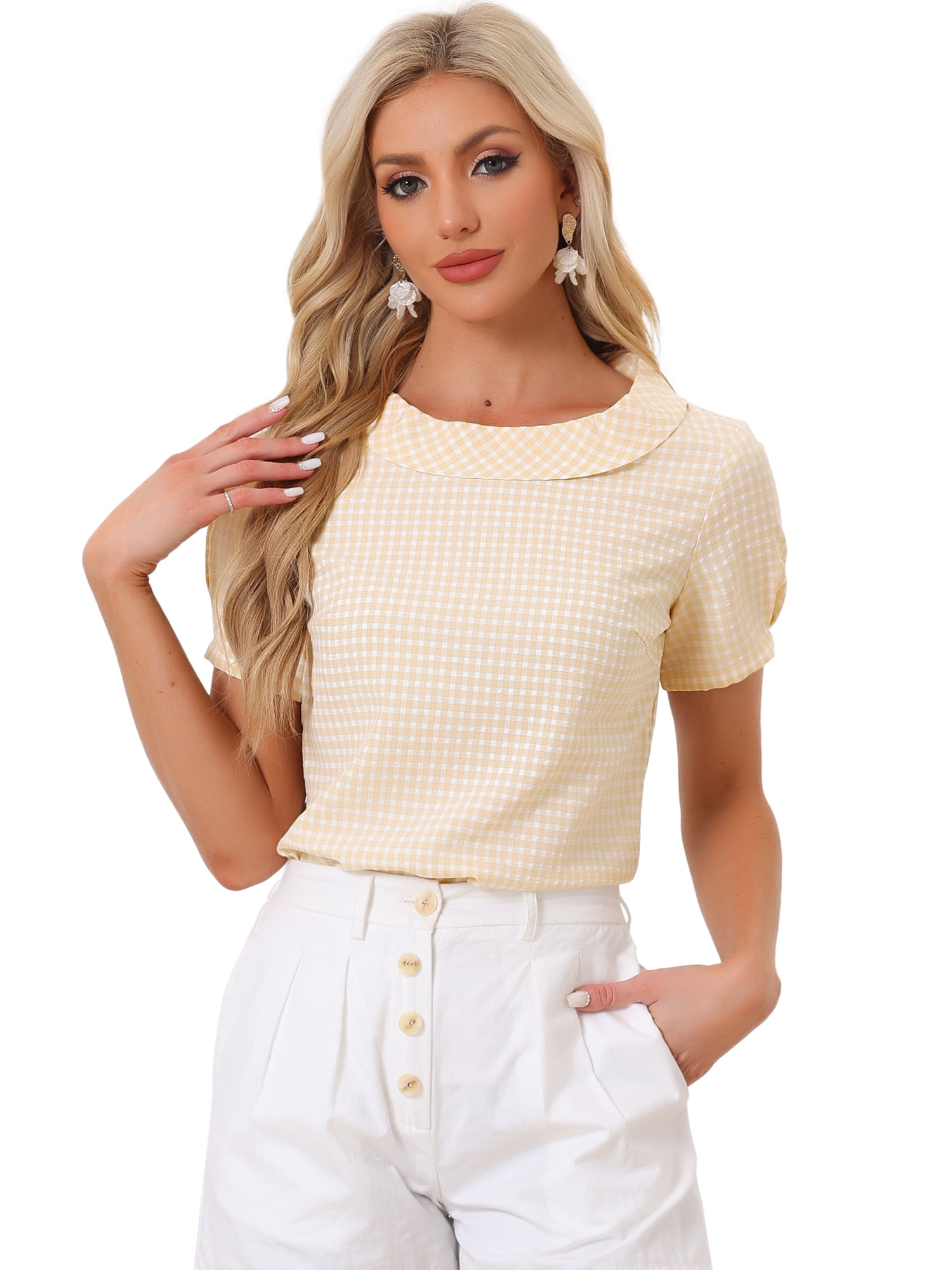DARING DIVA Short Sleeve Casual Checked Top XS Light Yellow
