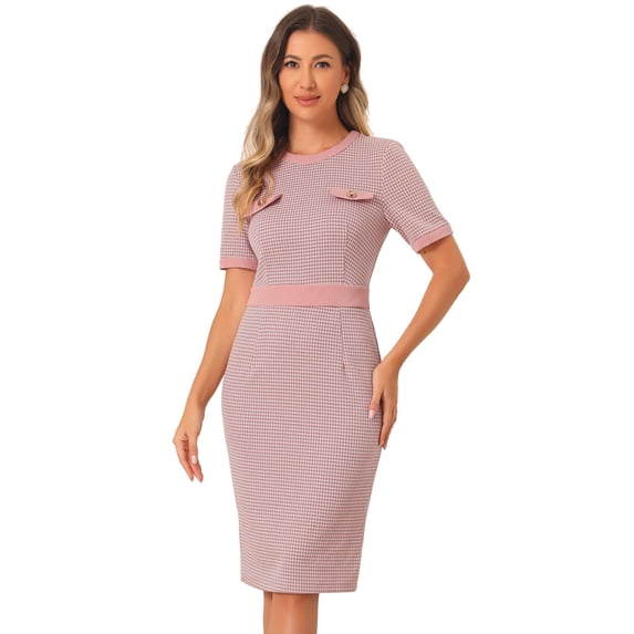 DARING DIVA Short Sleeve Contrast Bodycon Plaid Houndstooth Dress L Pink