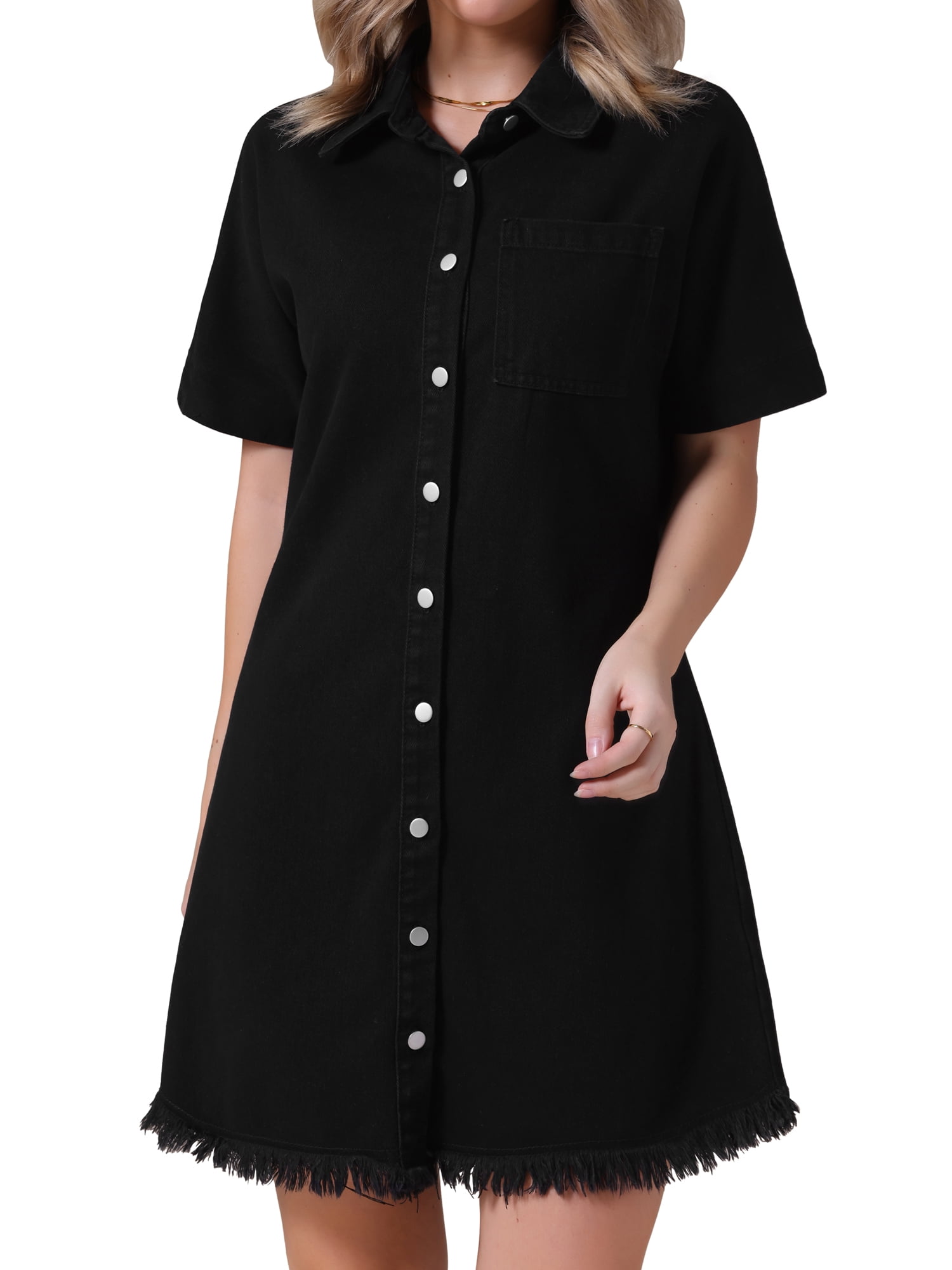 DARING DIVA Short Sleeve Denim Collared Button Front Jean Dress M Black
