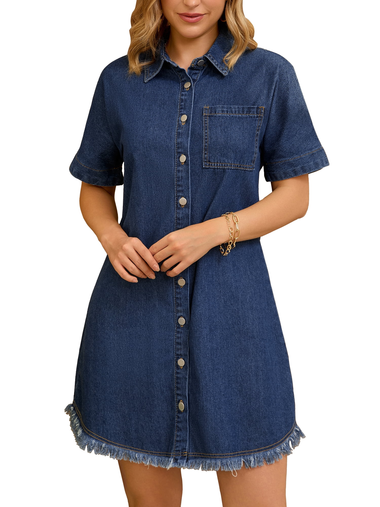 DARING DIVA Short Sleeve Denim Collared Button Front Jean Dress M Dark Blue
