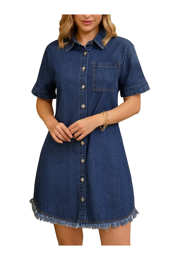 Short Sleeve Denim Collared Button Front Jean Dress M Dark Blue