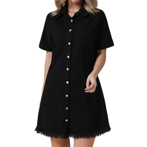 DARING DIVA Short Sleeve Denim Collared Button Front Jean Dress S Black