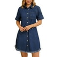 thumbnail image 1 of DARING DIVA Short Sleeve Denim Collared Button Front Jean Dress S Dark Blue, 1 of 7