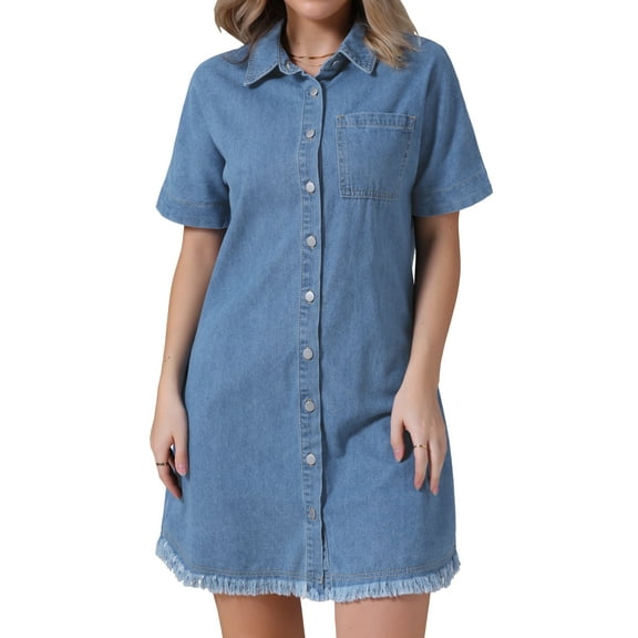 DARING DIVA Short Sleeve Denim Collared Button Front Jean Dress S Light Blue