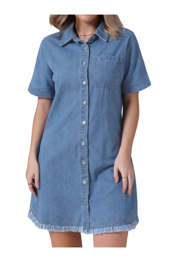 Short Sleeve Denim Collared Button Front Jean Dress S Light Blue