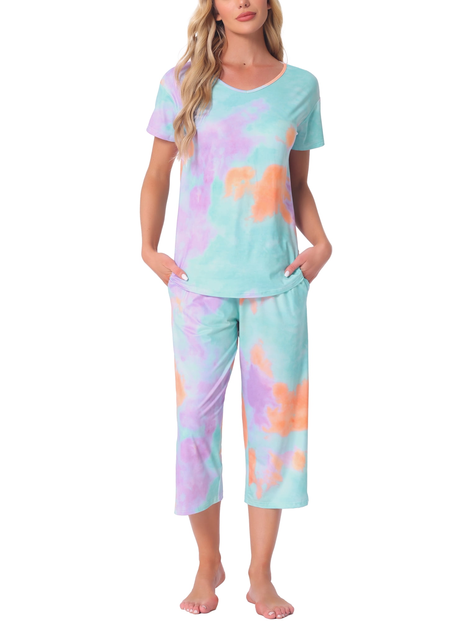 DARING DIVA Women's Short Sleeve Tie Dye Capri Pants with Pockets Loungewear L Orange