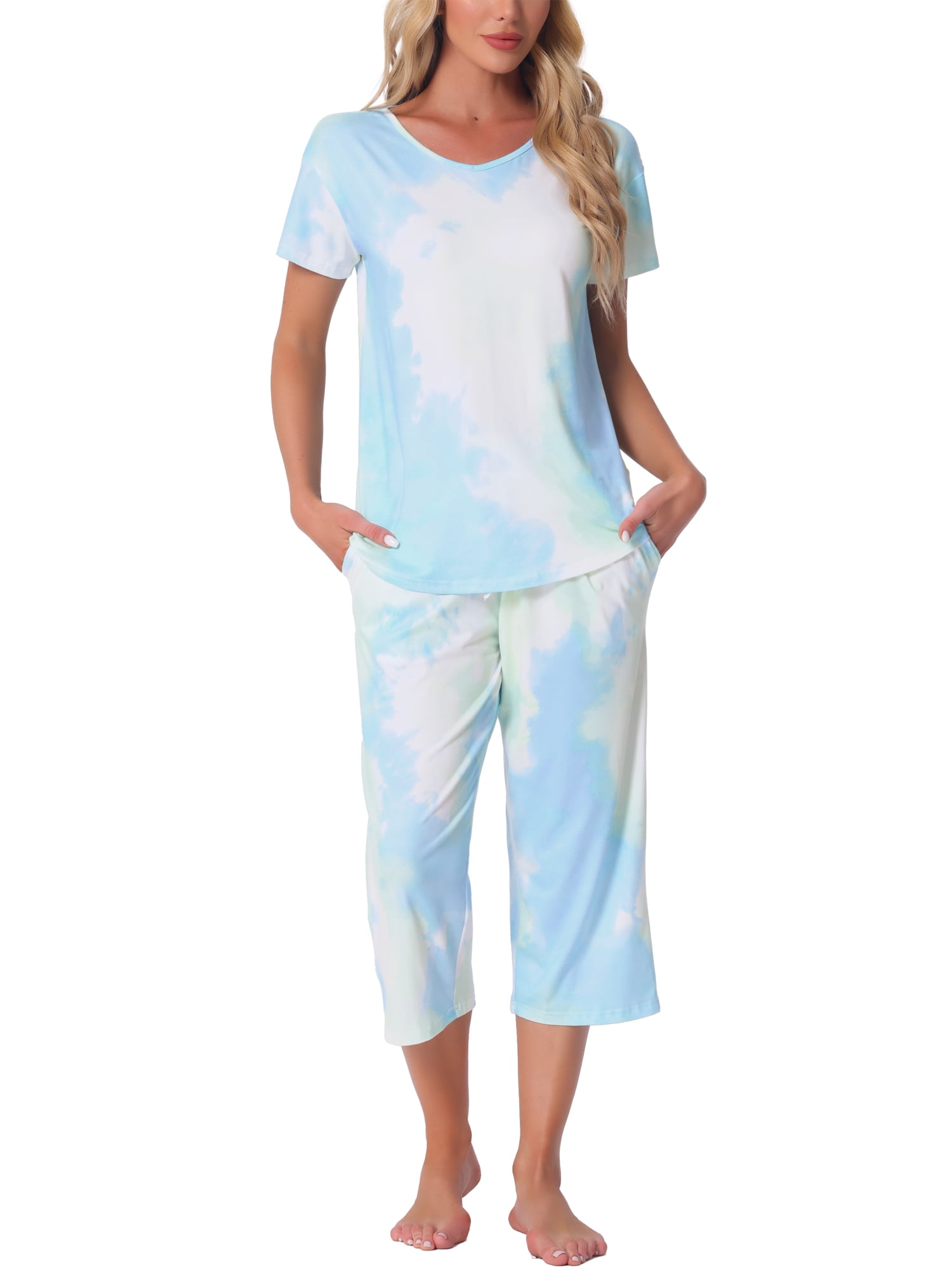 DARING DIVA Women's Short Sleeve Tie Dye Capri Pants with Pockets Loungewear M Green