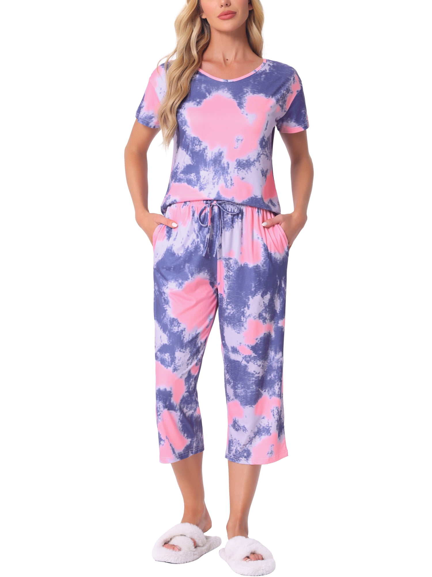DARING DIVA Women's Short Sleeve Tie Dye Capri Pants with Pockets Loungewear M Purple