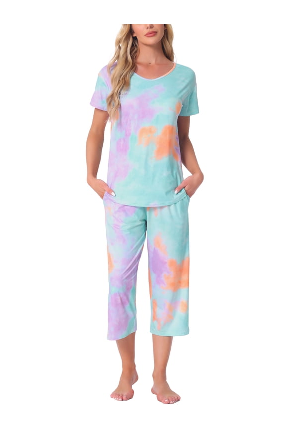 Short Sleeve Lounge Set Tie Dye Capri Pants 2 Pieces S Orange