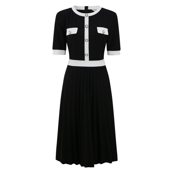 DARING DIVA Short Sleeve Pleated Trendy Contrast Color A-Line Midi Dress S Black