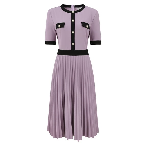DARING DIVA Short Sleeve Pleated Trendy Contrast Color A-Line Midi Dress S Purple