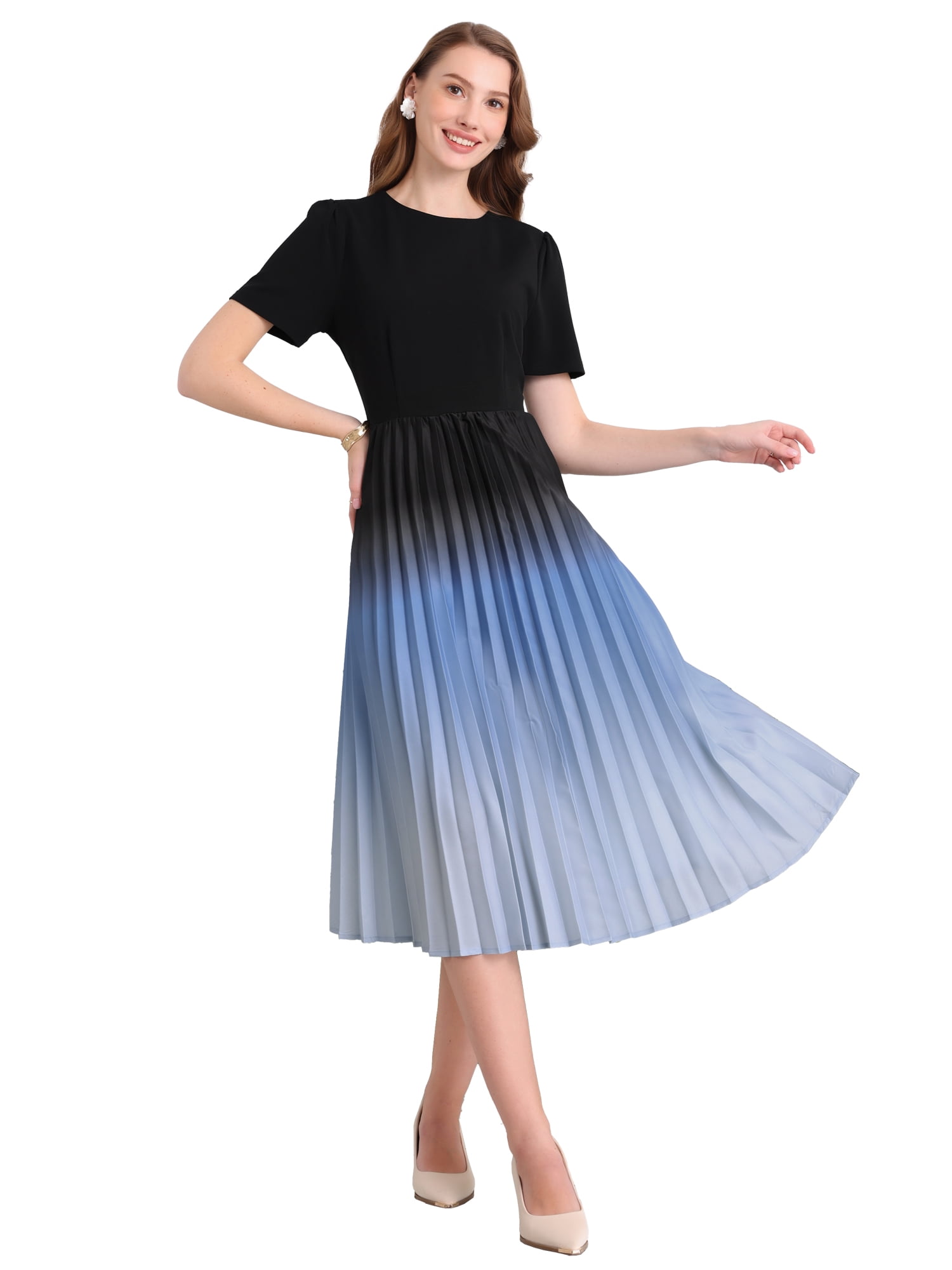 DARING DIVA Women's Short Sleeve Pleated Office Work A-Line Midi Dress 2XL Black