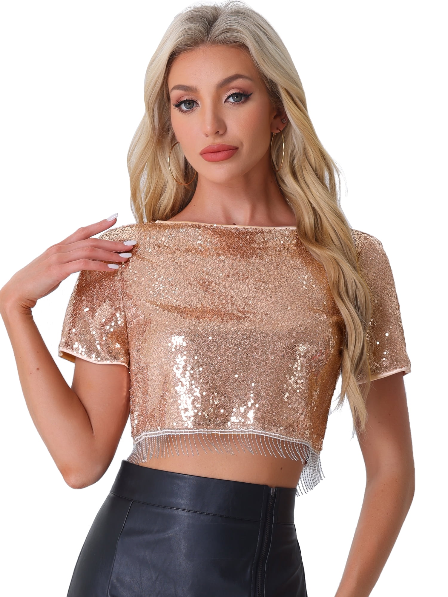 DARING DIVA Short Sleeve Round Neck Cocktail Top S Rose Gold