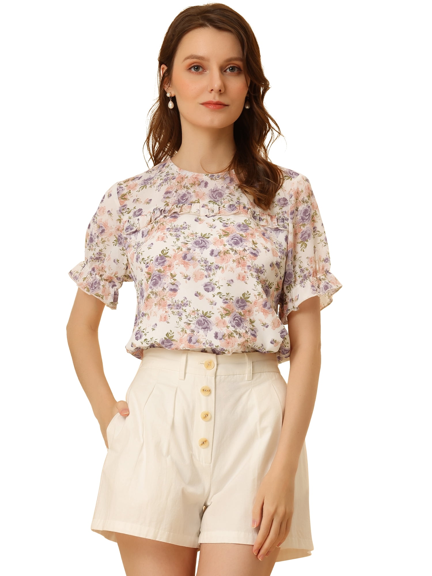 DARING DIVA Short Sleeve Ruffled Trim Floral Blouse 3XL Pink Purple