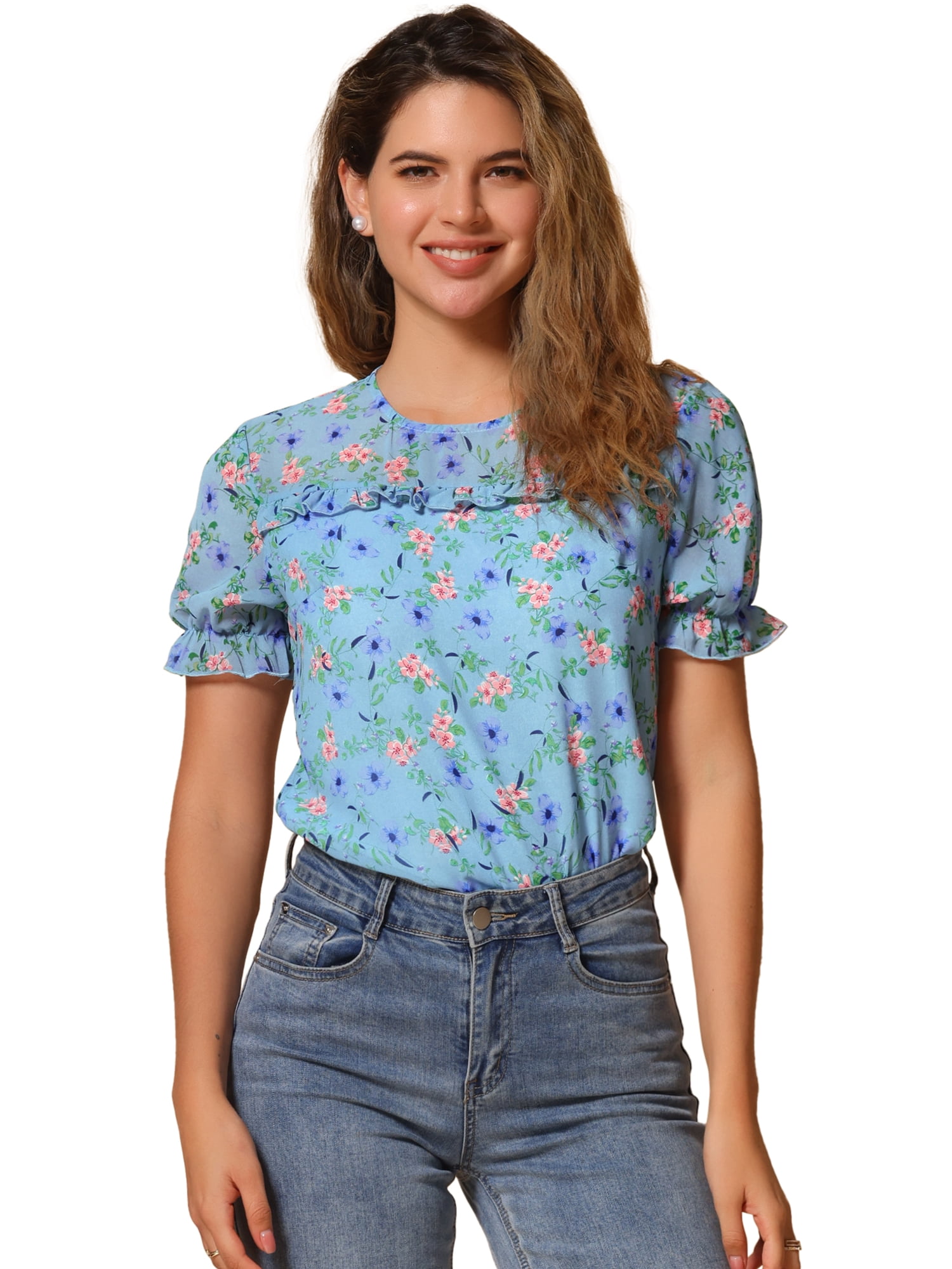 DARING DIVA Short Sleeve Ruffled Trim Floral Blouse L Sky Blue