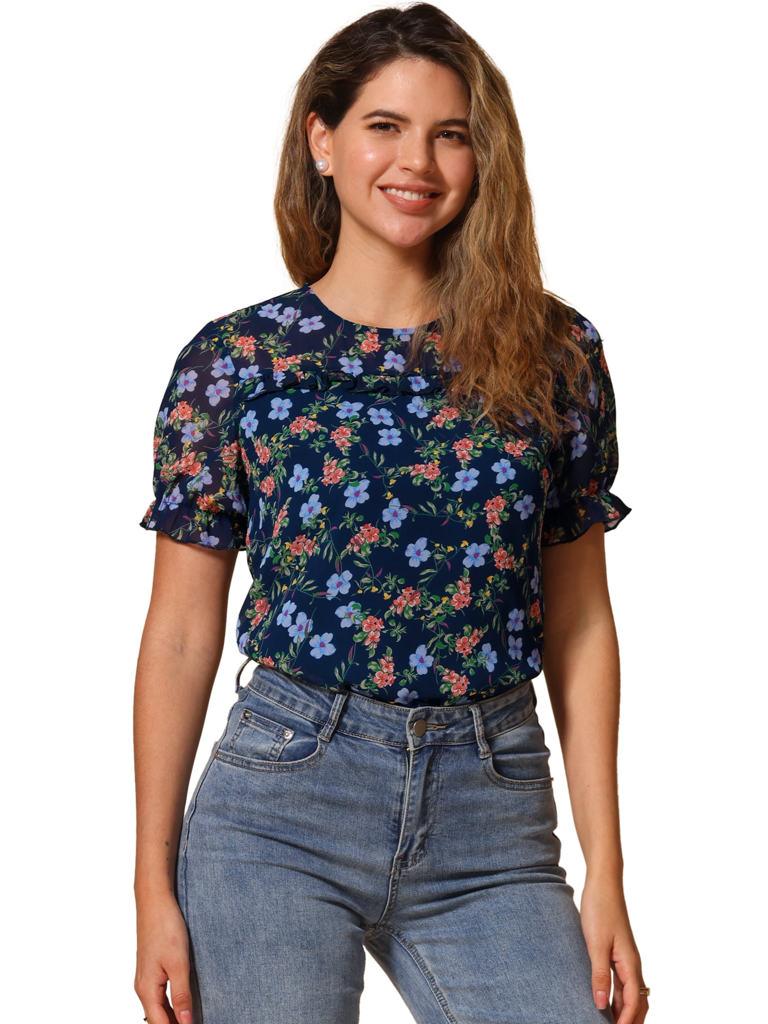 DARING DIVA Short Sleeve Ruffled Trim Floral Blouse M Dark Blue