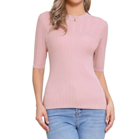 DARING DIVA Short Sleeve Sweater Cable Knit Crewneck Pullover Tops XS Pink