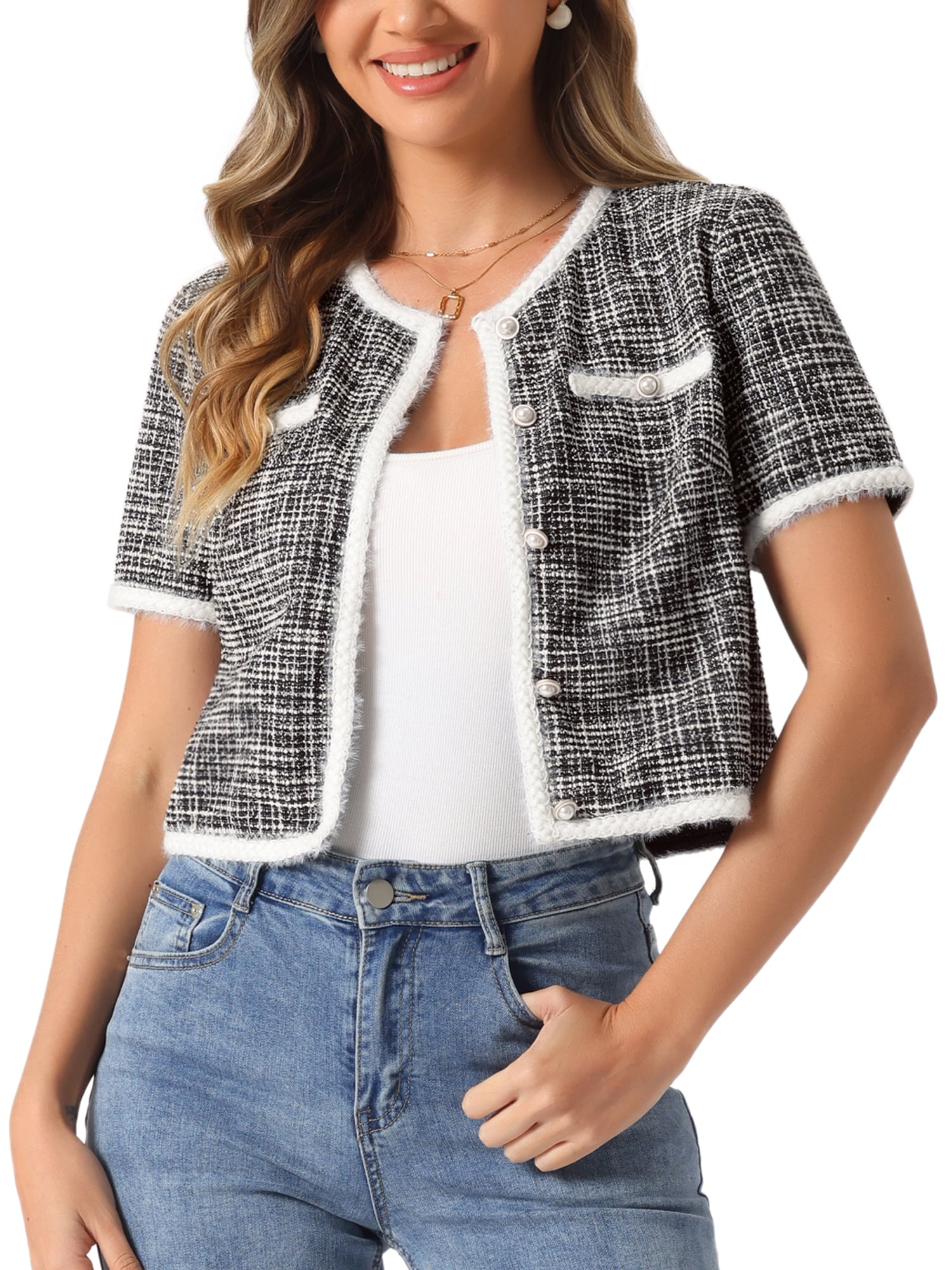 DARING DIVA Women's Short Sleeve Tweed Jacket Crew Neck Button Front Cropped Cardigan M Black