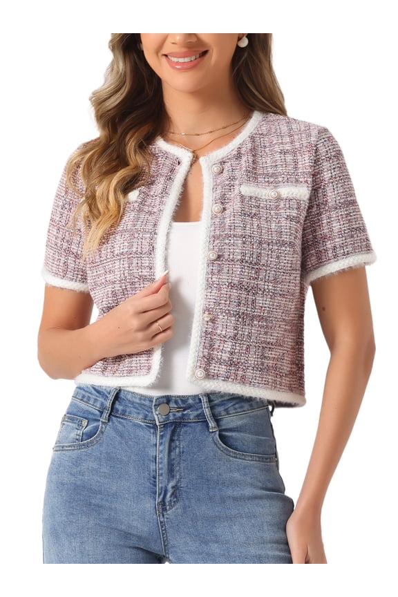 Short Sleeve Tweed Jacket Collarless Cropped Cardigan M Pink
